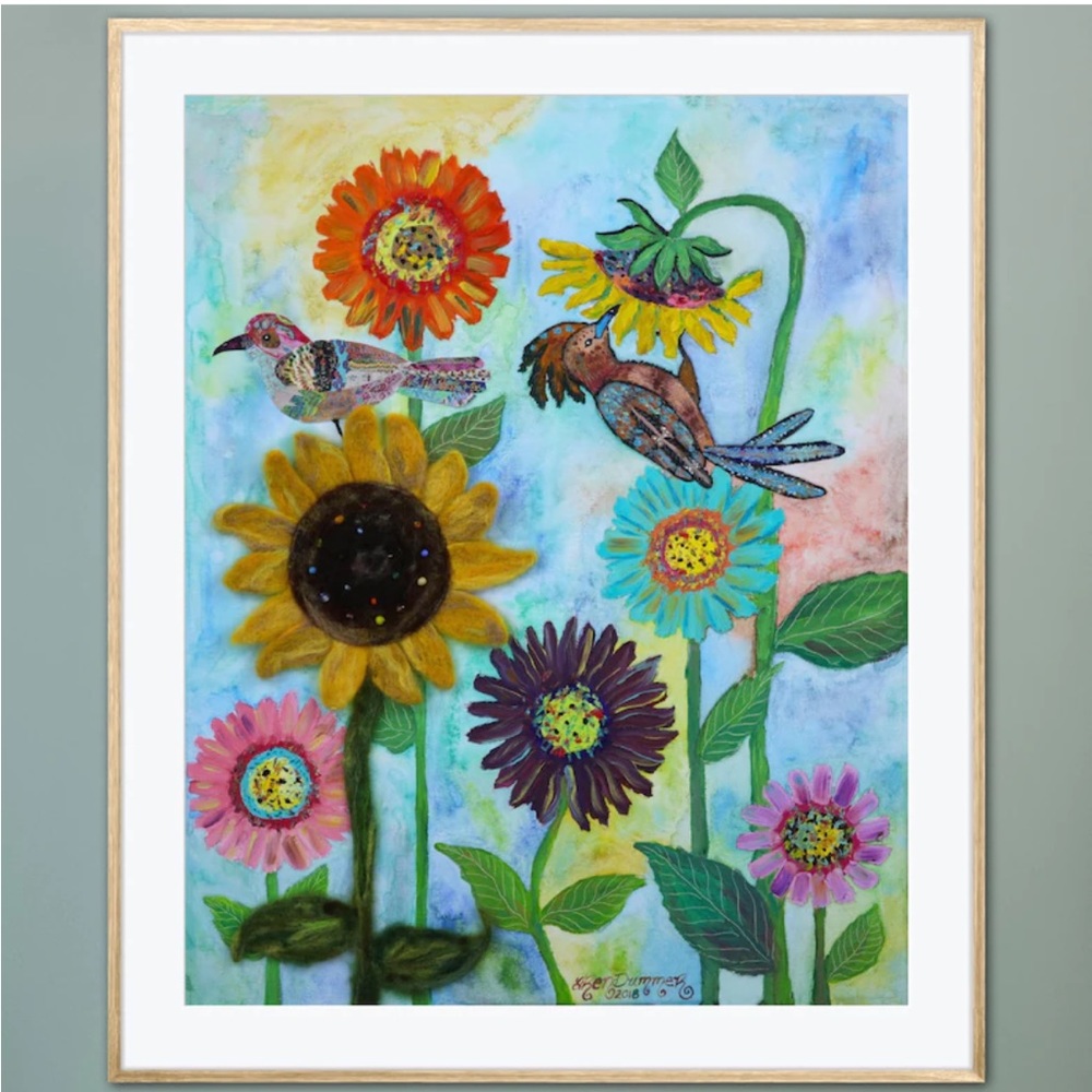 Bird Sunflower Art Print Oil Painting Needle Felt Paper Collage whimsical decor